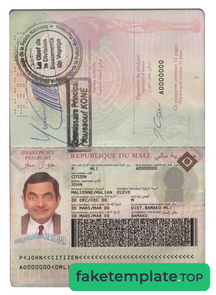 Feature of fake Mali passport example